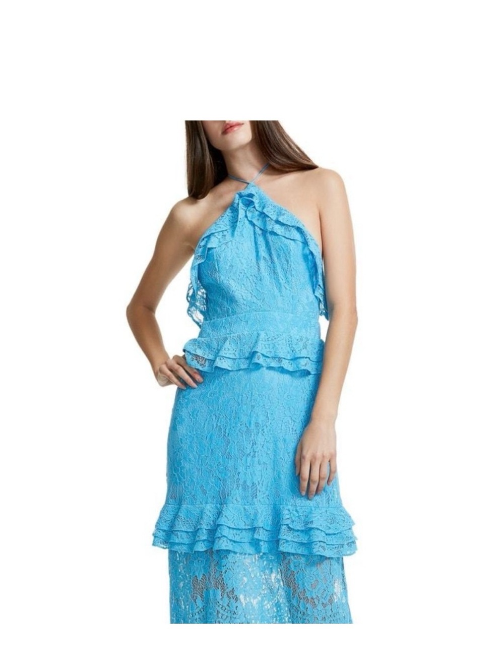 AFRM Sky Blue One-Shoulder Lace Ruffle Midi Dress